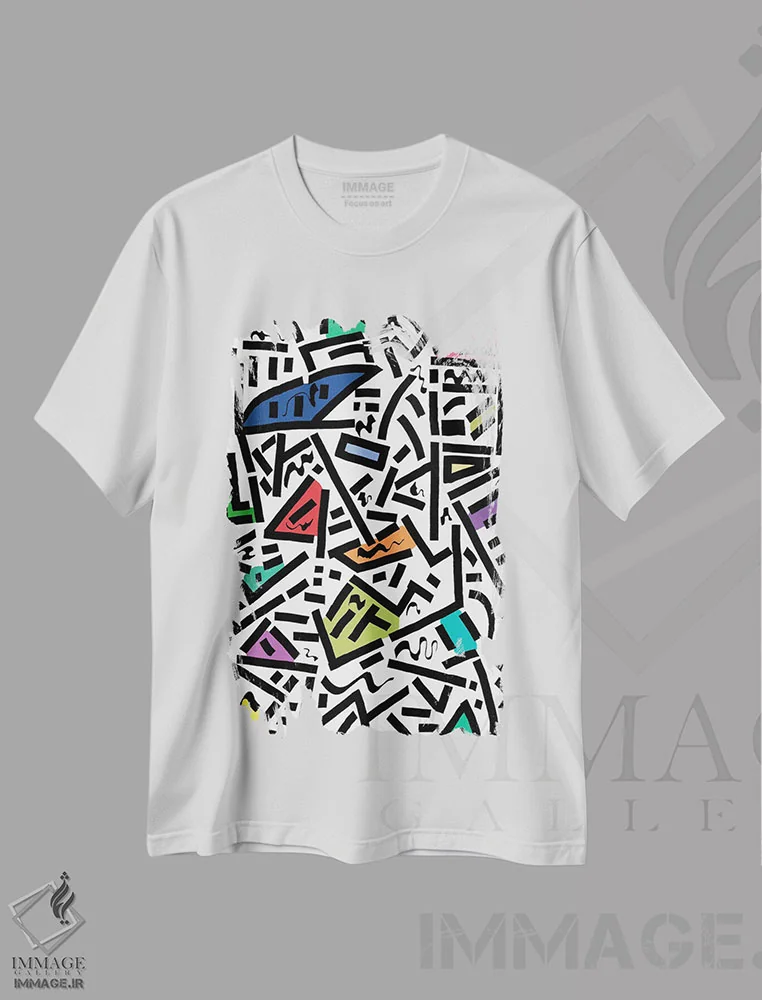 تیشرت سفید طرح دار ریتم شهری، آبستره اثر باروف | فروشگاه ایماژ