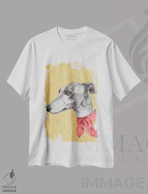 تیشرت سفید طرح دار تازی با شال گردن، دکور معاصر اثر باروف | فروشگاه ایماژ