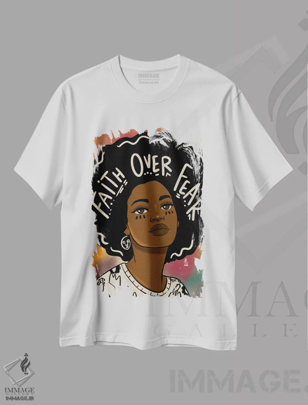 تیشرت سفید طرح دار ایمان بر ترس، هنر آمریکایی آفریقایی تبار اثر بری پیپنز | فروشگاه ایماژ