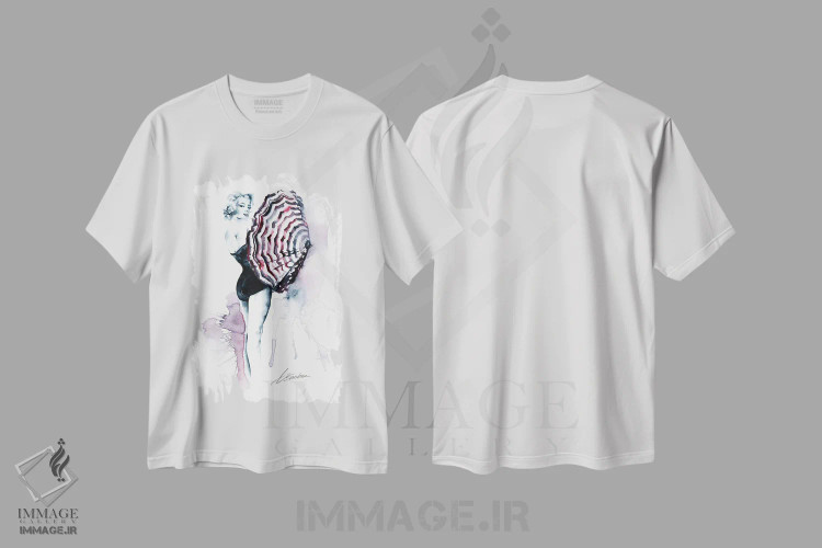 تیشرت سفید طرح دار مرلین مونرو با چتر، هنر فاخر معاصر اثر برندن سنبورن | immage.ir
