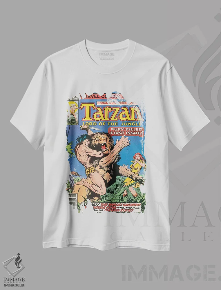 تیشرت سفید طرح دار روی جلد کومیک تارزان شماره ۱، هنر دیجیتال اثر جان بوسما | فروشگاه ایماژ