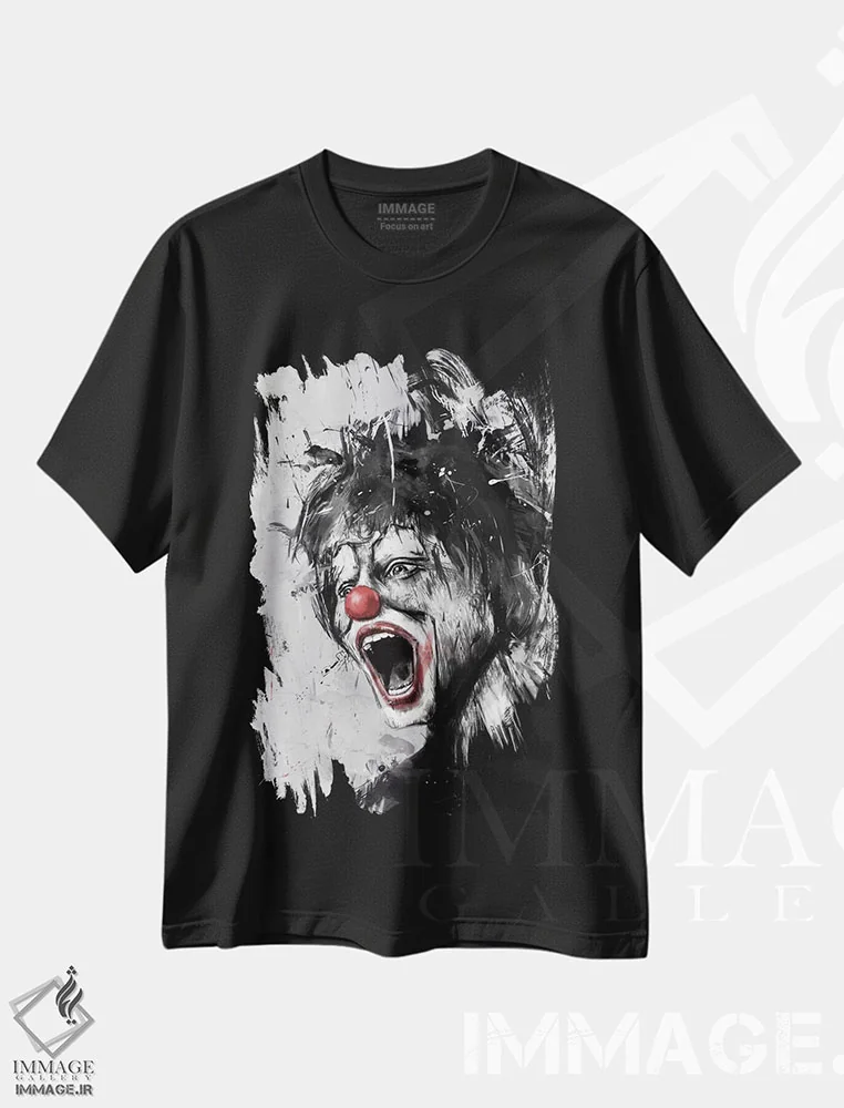 تیشرت مشکی طرح دار دلقک، هنر دیجیتال اثر بالازس شولتی | فروشگاه ایماژ