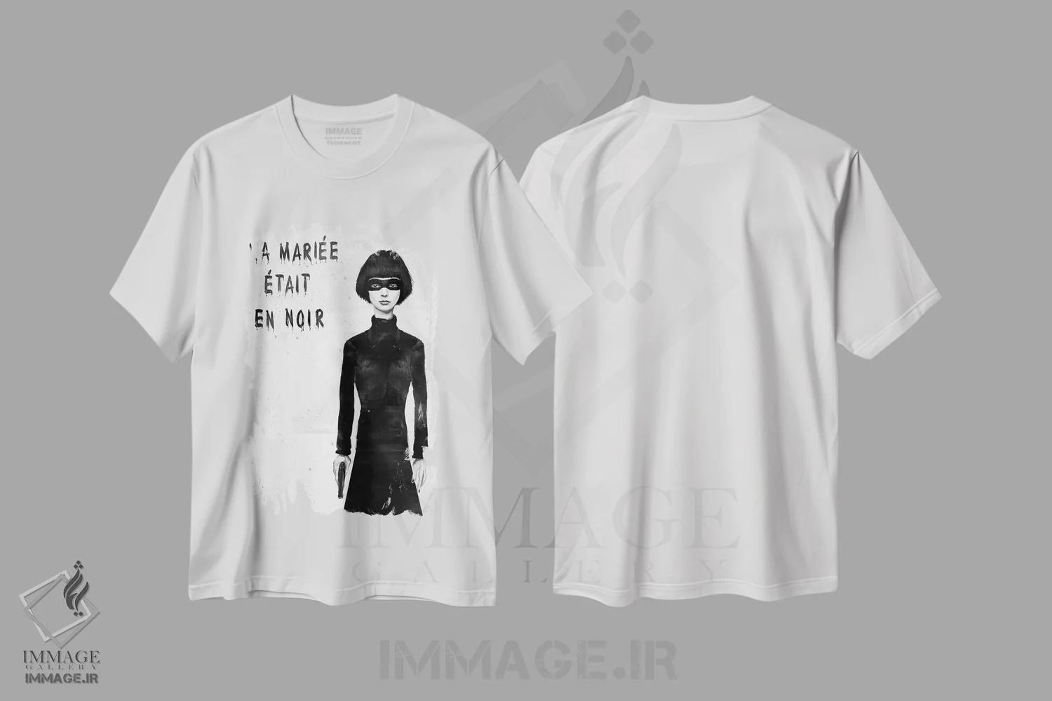 تیشرت سفید طرح دار عروس لباس سیاه پوشید، هنر دیجیتال سیاه و سفید اثر بالازس شولتی | فروشگاه ایماژ