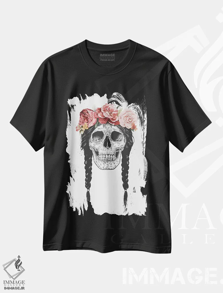 تیشرت مشکی طرح دار جمجمه با تاج گل، هنر دیجیتال اثر بالازس شولتی | فروشگاه ایماژ