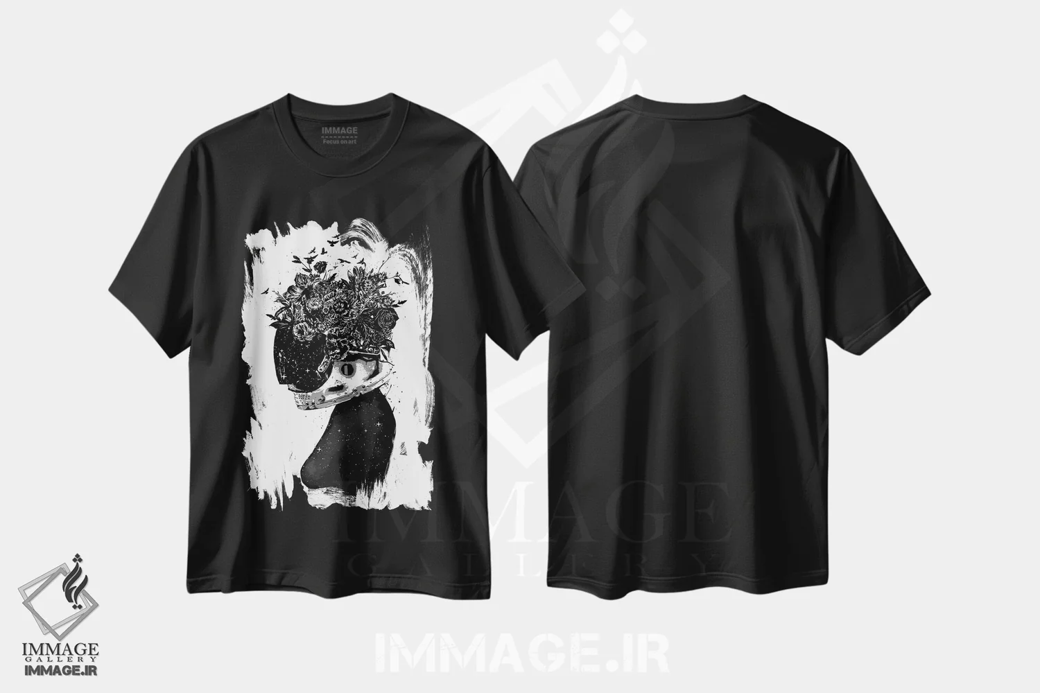تیشرت مشکی طرح دار دختر دورگه، هنر تزئینی سیاه و سفید اثر بالازس شولتی | فروشگاه ایماژ