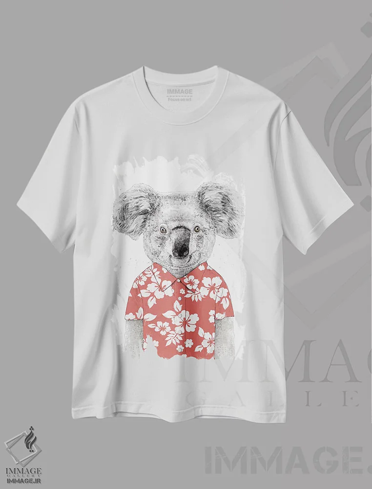 تیشرت سفید طرح دار کوآلای تابستانی قرمز، تزئینی اثر بالازس شولتی | فروشگاه ایماژ
