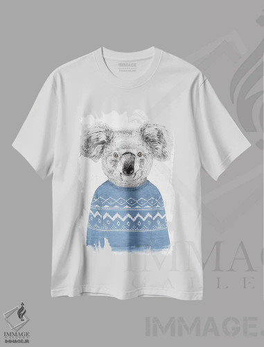 تیشرت سفید طرح دار کوآلای زمستانی آبی، تزئینی اثر بالازس شولتی | فروشگاه ایماژ