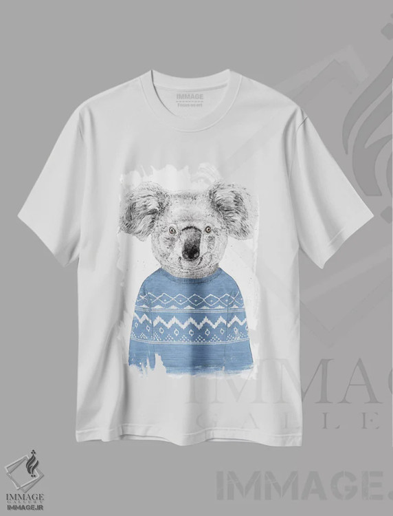 تیشرت سفید طرح دار کوآلای زمستانی آبی، تزئینی اثر بالازس شولتی | فروشگاه ایماژ