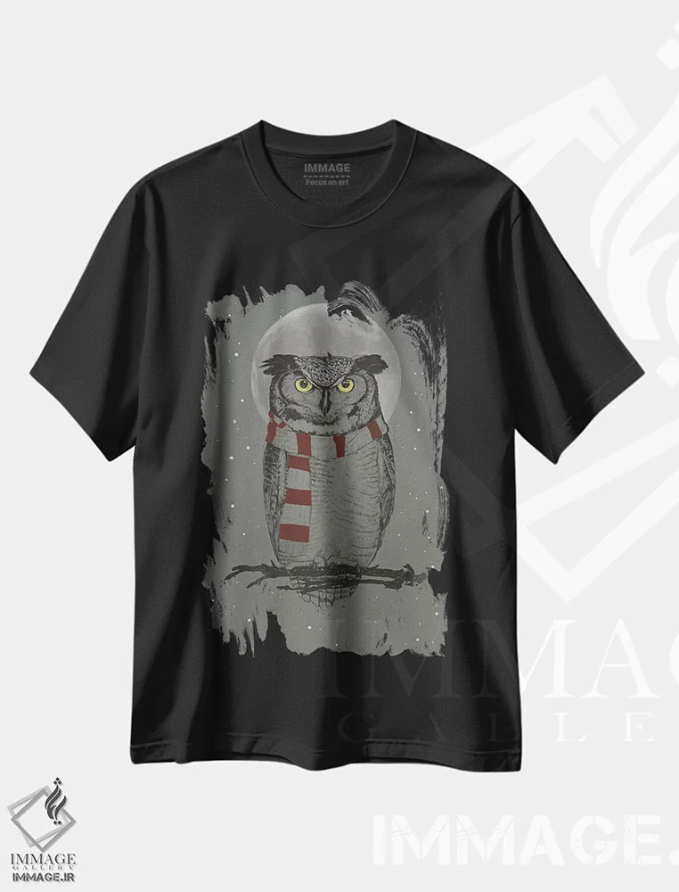 تیشرت مشکی طرح دار جغد زمستانی، تزئینی اثر بالازس شولتی | immage.ir