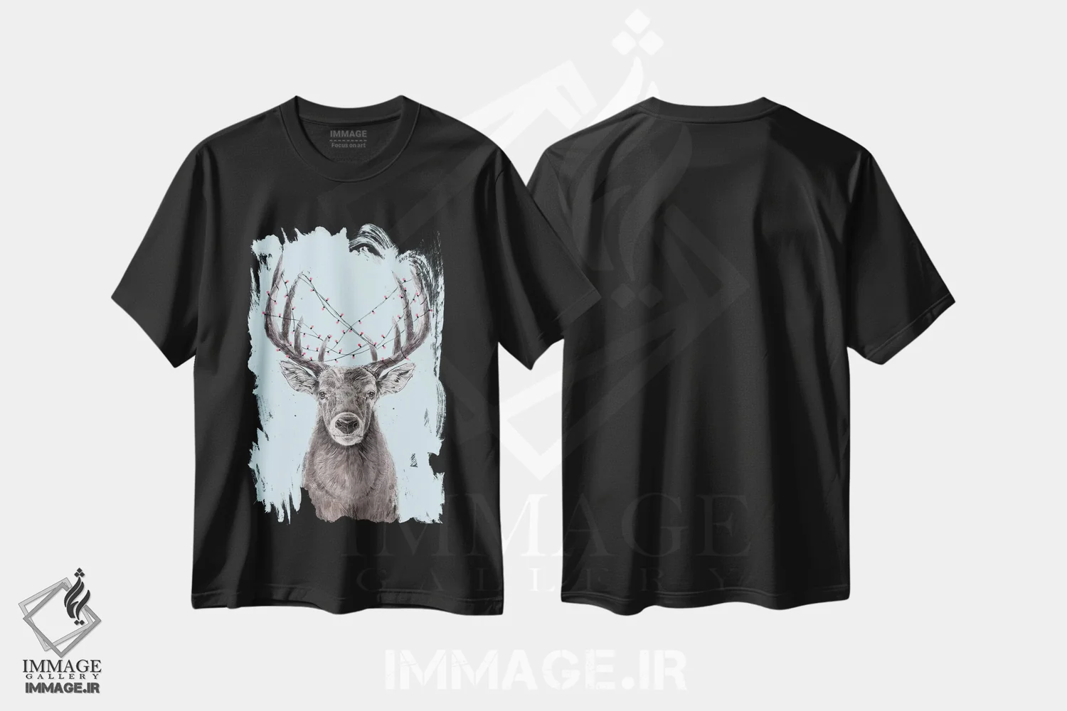 تیشرت مشکی طرح دار گوزن کریسمس ۲، دست نقاشی و طراحی دستی اثر بالازس شولتی | فروشگاه ایماژ