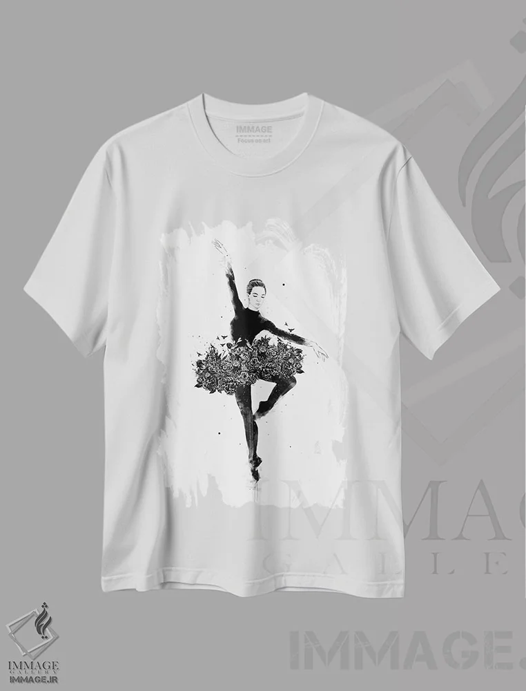 تیشرت سفید طرح دار رقص گل ها، هنر دیجیتال اثر بالازس شولتی | فروشگاه ایماژ