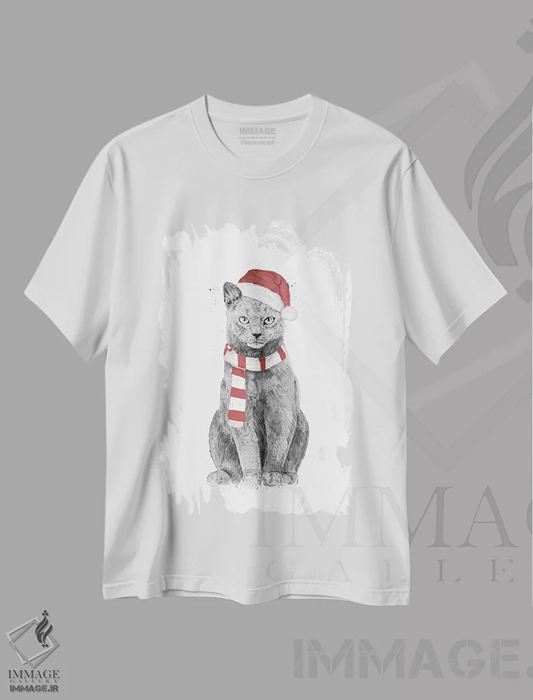 تیشرت سفید طرح دار گربه کریسمس، حیوانات کریسمسی اثر بالازس شولتی | فروشگاه ایماژ