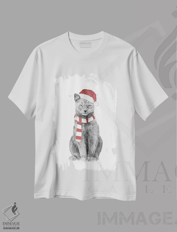 تیشرت سفید طرح دار گربه کریسمس، حیوانات کریسمسی اثر بالازس شولتی | فروشگاه ایماژ
