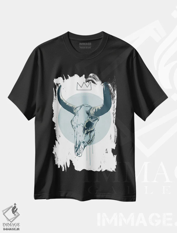 تیشرت مشکی طرح دار جمجمه گاو، تزئینی اثر بالازس شولتی | فروشگاه ایماژ
