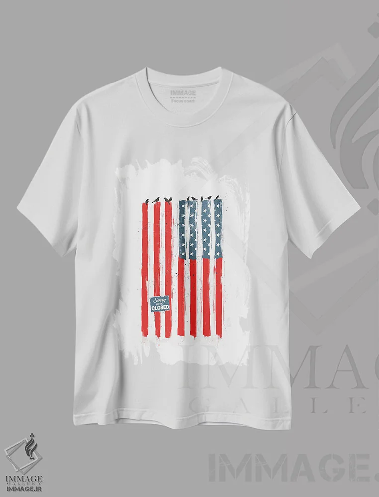 تیشرت سفید طرح دار متأسفیم، تعطیل هستیم، دکور آمریکایی اثر بالازس شولتی | فروشگاه ایماژ
