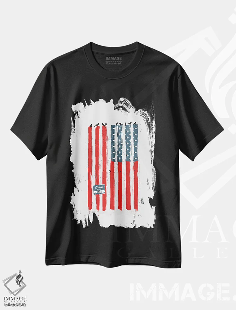 تیشرت مشکی طرح دار متأسفیم، تعطیل هستیم، دکور آمریکایی اثر بالازس شولتی | immage.ir