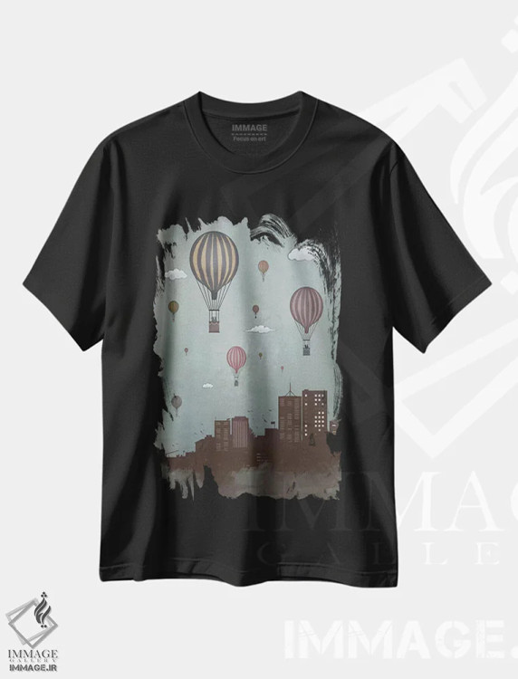 تیشرت مشکی طرح دار بادکنک ها و شهر، هنر دیجیتال اثر بالازس شولتی | immage.ir