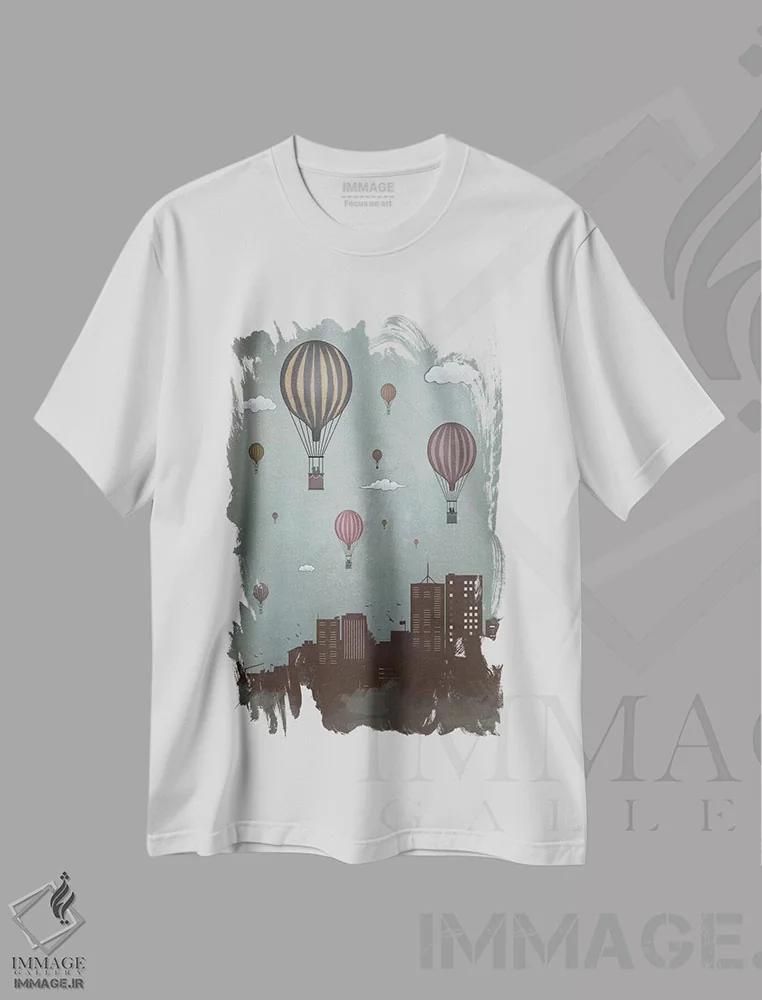 تیشرت سفید طرح دار بادکنک ها و شهر، هنر دیجیتال اثر بالازس شولتی | فروشگاه ایماژ