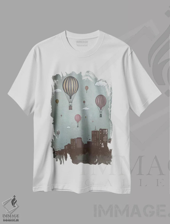 تیشرت سفید طرح دار بادکنک ها و شهر، هنر دیجیتال اثر بالازس شولتی | فروشگاه ایماژ