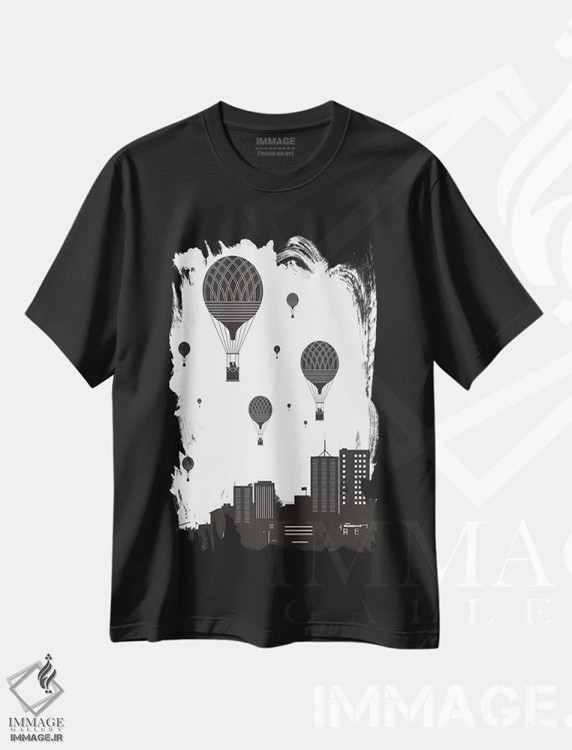 تیشرت مشکی طرح دار بادکنک ها و شهر، هنر دیجیتال سیاه و سفید اثر بالازس شولتی | فروشگاه ایماژ