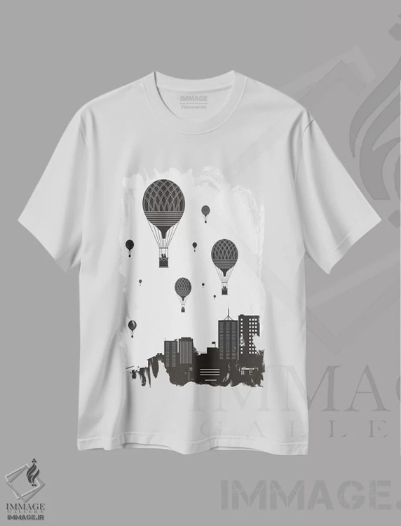 تیشرت سفید طرح دار بادکنک ها و شهر، هنر دیجیتال سیاه و سفید اثر بالازس شولتی | immage.ir