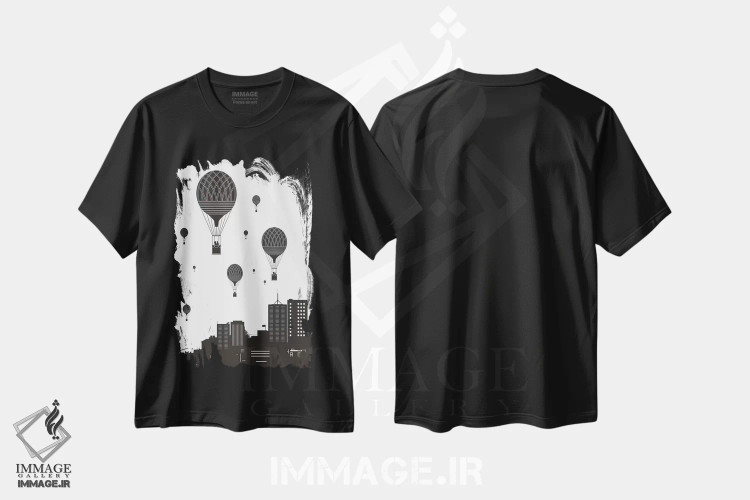 تیشرت مشکی طرح دار بادکنک ها و شهر، هنر دیجیتال سیاه و سفید اثر بالازس شولتی | فروشگاه ایماژ