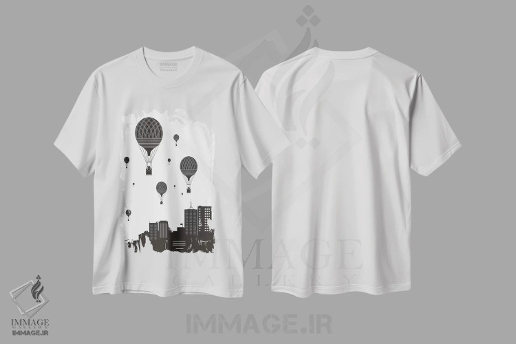 تیشرت سفید طرح دار بادکنک ها و شهر، هنر دیجیتال سیاه و سفید اثر بالازس شولتی | immage.ir
