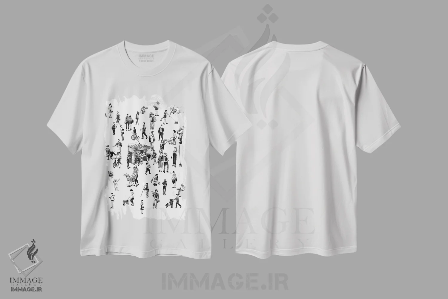 تیشرت سفید طرح دار مردم شهری، هنر تزئینی سیاه و سفید اثر بوگدان شیپتنکو | فروشگاه ایماژ