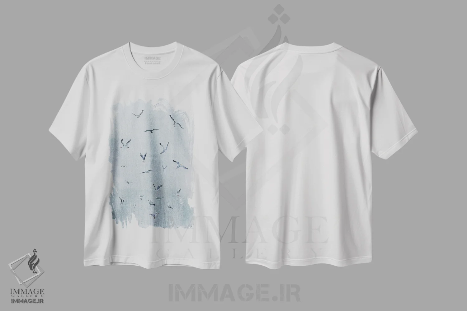 تیشرت سفید طرح دار مرغان دریایی روی خاکستری، دکور ساحلی اثر بوگدان شیپتنکو | فروشگاه ایماژ