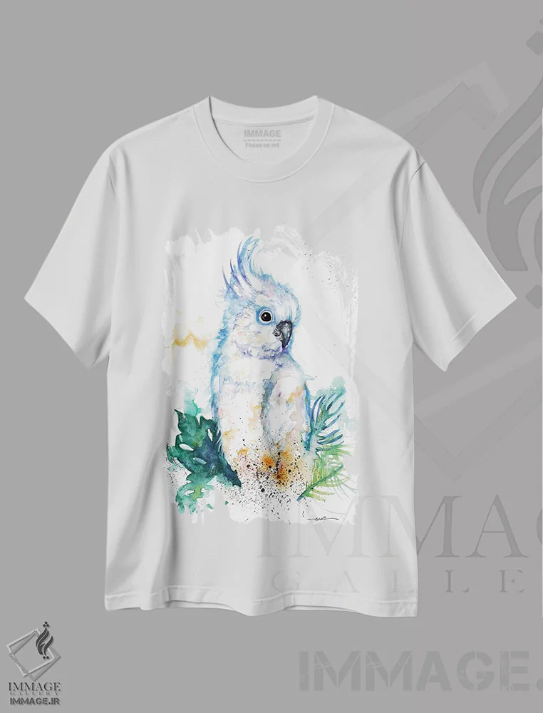 تیشرت سفید طرح دار طوطی کاکادو، مدیوم اثر بیبزآرتس | فروشگاه ایماژ