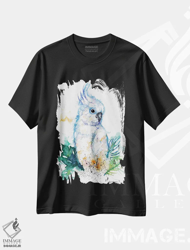 تیشرت مشکی طرح دار طوطی کاکادو، مدیوم اثر بیبزآرتس | immage.ir