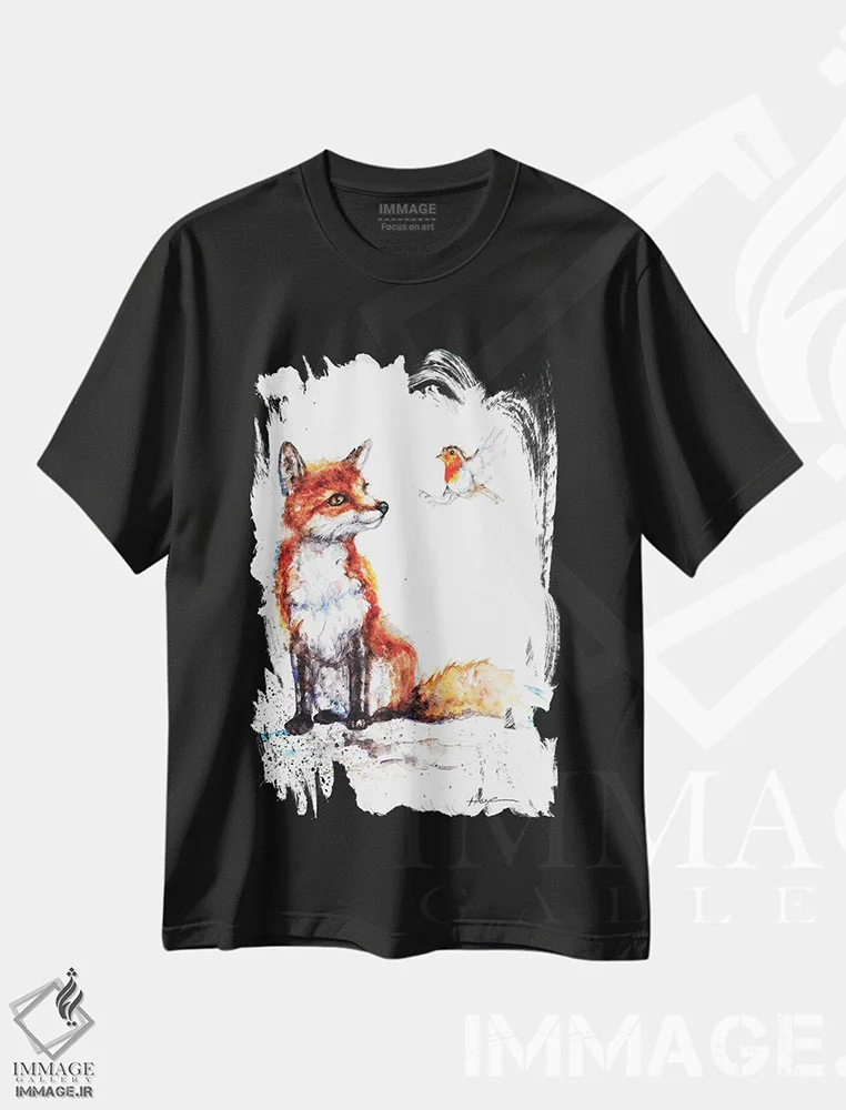 تیشرت مشکی طرح دار روباه و سینه سرخ، مدیوم اثر بیبزآرتس | فروشگاه ایماژ