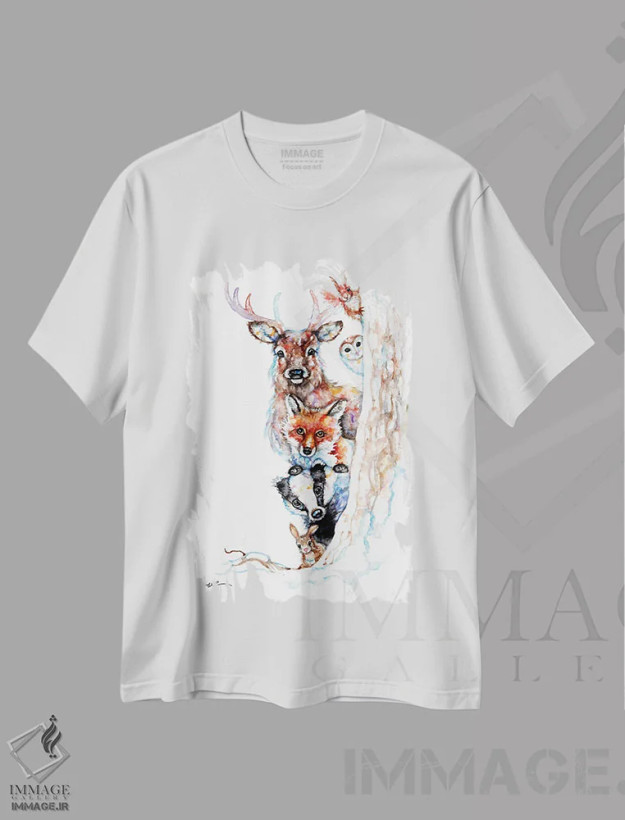 تیشرت سفید طرح دار گروه روستایی، دکور کلبه و لژ اثر بیبزآرتس | فروشگاه ایماژ