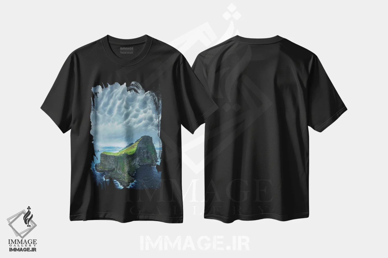 تیشرت مشکی طرح دار جزایر فارو مه آلود، عکاسی هوایی اثر برنت شاونور | فروشگاه ایماژ