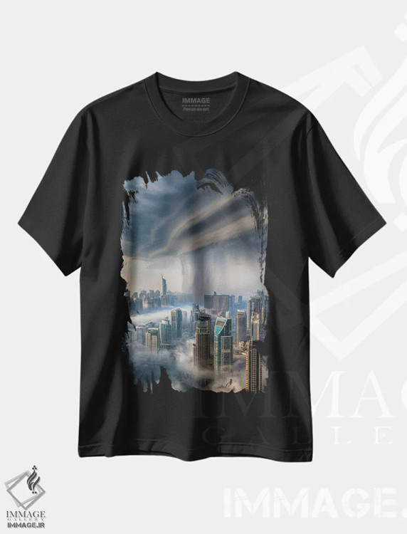 تیشرت مشکی طرح دار بارش شدید دبی، عکاسی هوایی اثر برنت شاونور | فروشگاه ایماژ