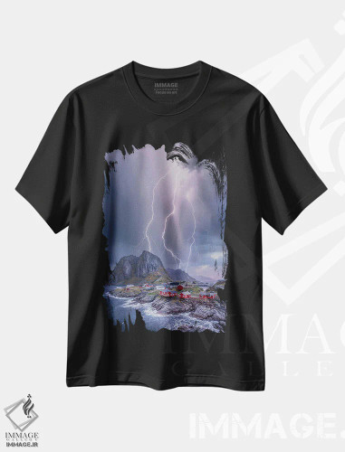 تیشرت مشکی طرح دار چراغ های نروژ، سواحل از نمای بالا اثر برنت شاونور | فروشگاه ایماژ