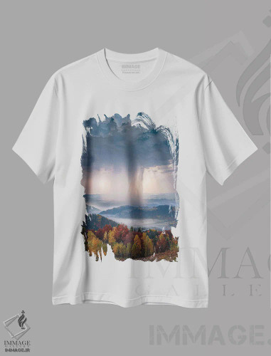 تیشرت سفید طرح دار باران پاییزی سنگین، عکاسی هوایی اثر برنت شاونور | فروشگاه ایماژ
