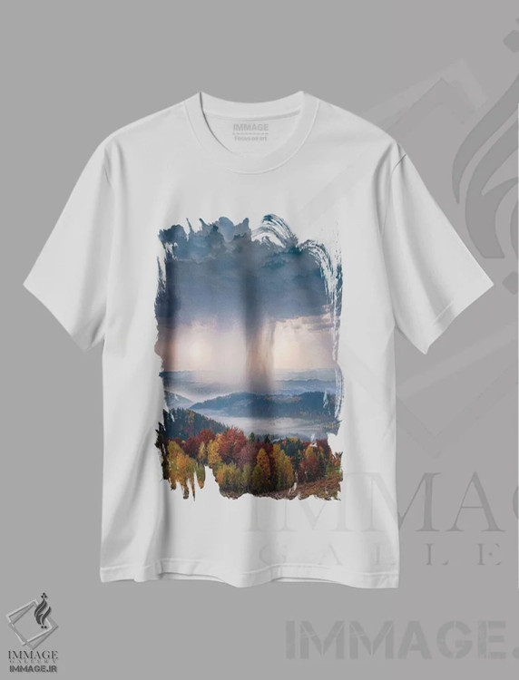 تیشرت سفید طرح دار باران پاییزی سنگین، عکاسی هوایی اثر برنت شاونور | فروشگاه ایماژ