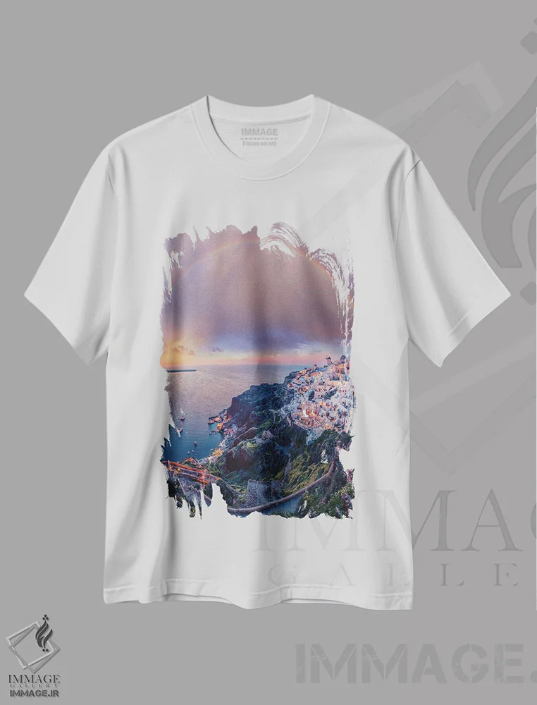 تیشرت سفید طرح دار رویای یونان، عکاسی هوایی اثر برنت شاونور | فروشگاه ایماژ