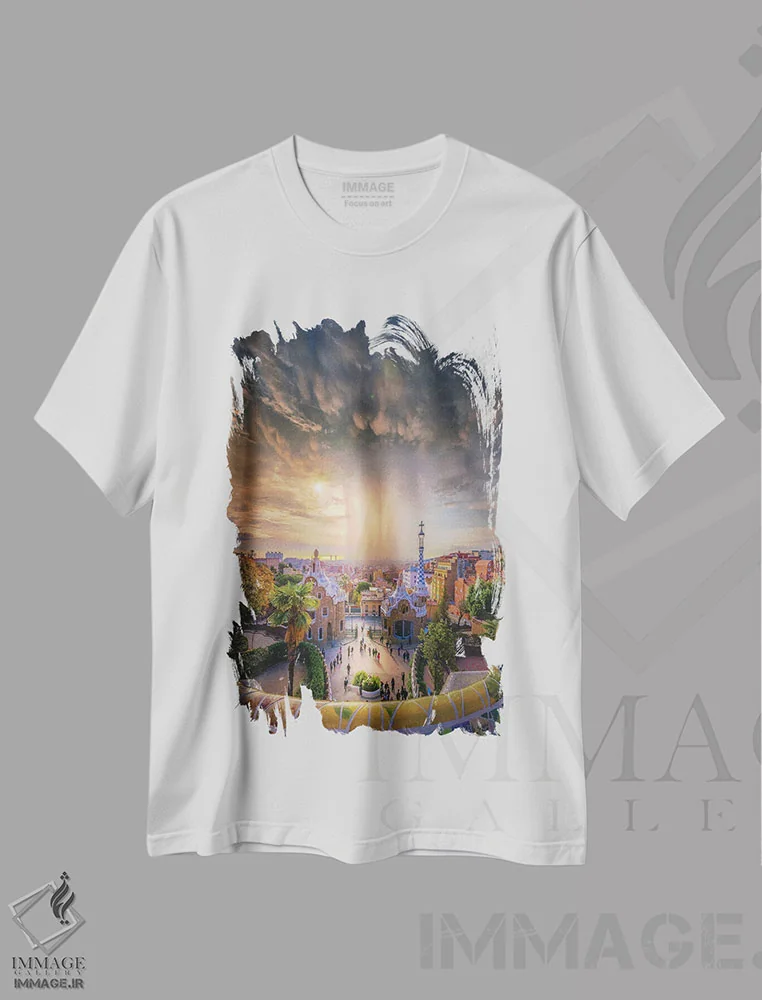 تیشرت سفید طرح دار آسمان بارسلونا، عکاسی هوایی اثر برنت شاونور | فروشگاه ایماژ