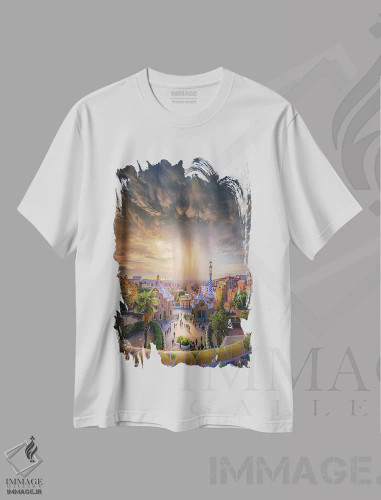 تیشرت سفید طرح دار آسمان بارسلونا، عکاسی هوایی اثر برنت شاونور | فروشگاه ایماژ