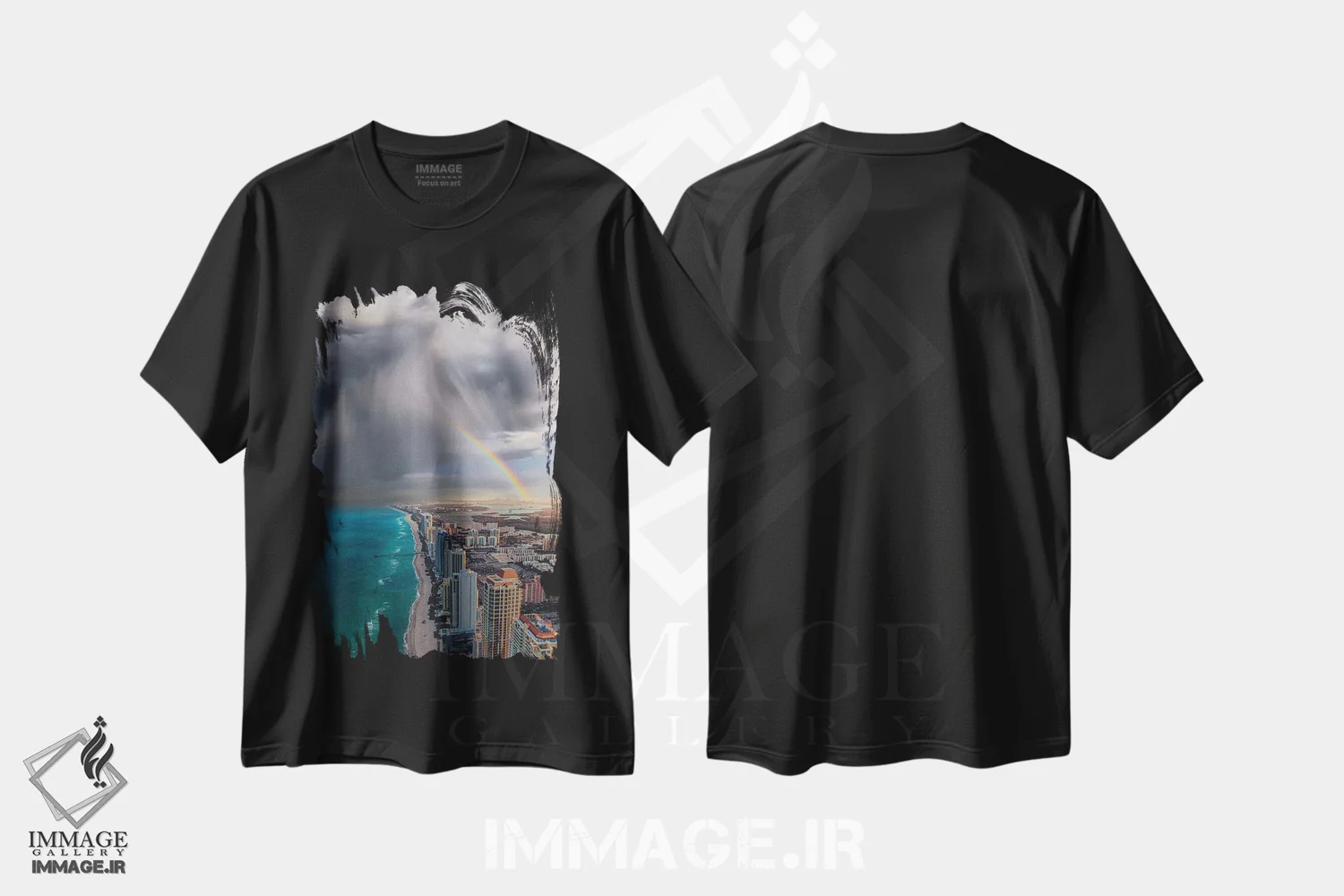 تیشرت مشکی طرح دار رنگین کمان بر فراز میامی، عکاسی هوایی اثر برنت شاونور | فروشگاه ایماژ