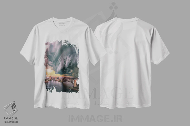 تیشرت سفید طرح دار ابر گوه ای سیدنی، عکاسی هوایی اثر برنت شاونور | فروشگاه ایماژ