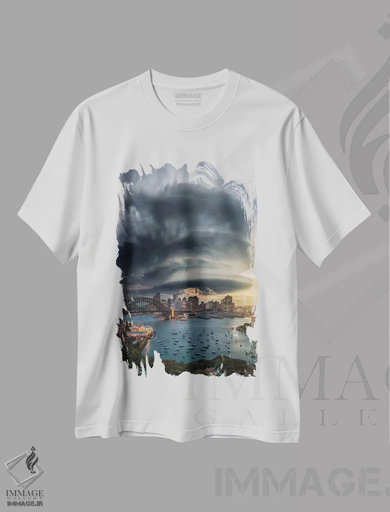 تیشرت سفید طرح دار ابر ابرسلول سیدنی، عکاسی هوایی اثر برنت شاونور | فروشگاه ایماژ