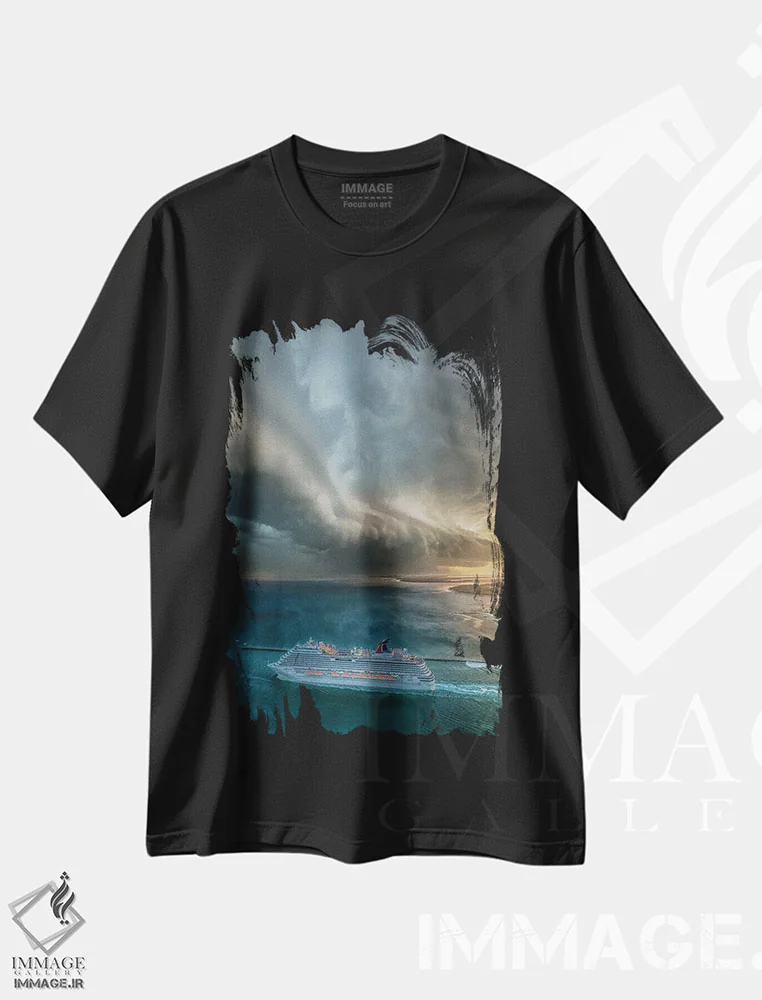تیشرت مشکی طرح دار سفر دریایی به ناکجا، سواحل از نمای بالا اثر برنت شاونور | فروشگاه ایماژ