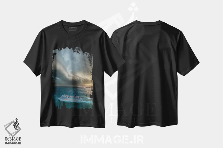 تیشرت مشکی طرح دار سفر دریایی به ناکجا، سواحل از نمای بالا اثر برنت شاونور | فروشگاه ایماژ