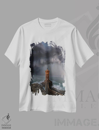 تیشرت سفید طرح دار باران سیل آسا در فانوس دریایی، مدیوم اثر برنت شاونور | فروشگاه ایماژ