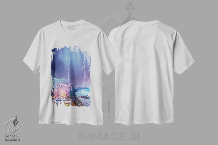تیشرت سفید طرح دار نورهای ساحل میریتل، مدیوم اثر برنت شاونور | فروشگاه ایماژ