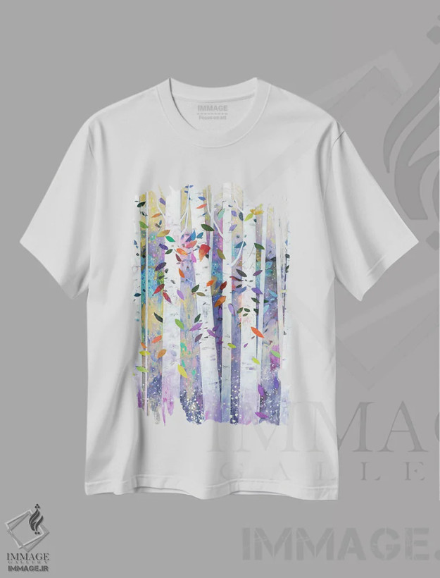 تیشرت سفید طرح دار صنوبرها ۱، هنر فاخر معاصر اثر بنی تو سالمرون | فروشگاه ایماژ