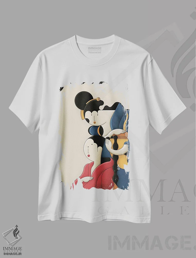 تیشرت سفید طرح دار دختری که موهایش را شانه می زند، دکور آسیایی اثر جان باتالگازی | فروشگاه ایماژ